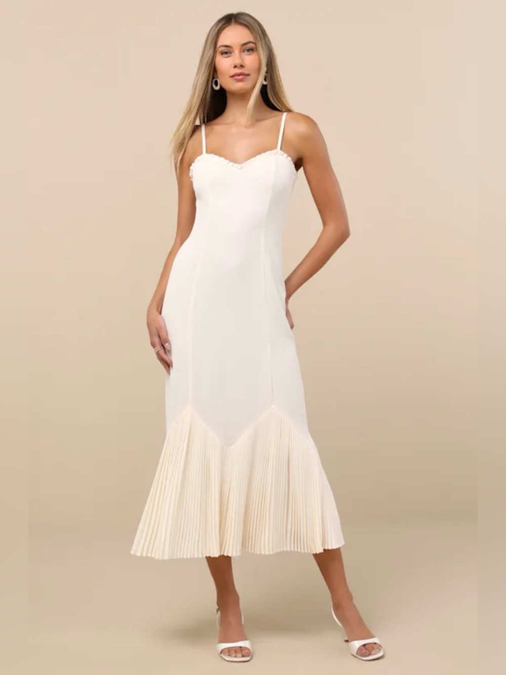 Elegant Cream Midi Slip Dress With Pleated Hem